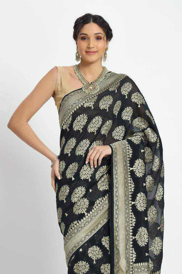 Banarasi Hand Woven Khaddi Jaldar Pure Georgette Saree Charcoal Grey