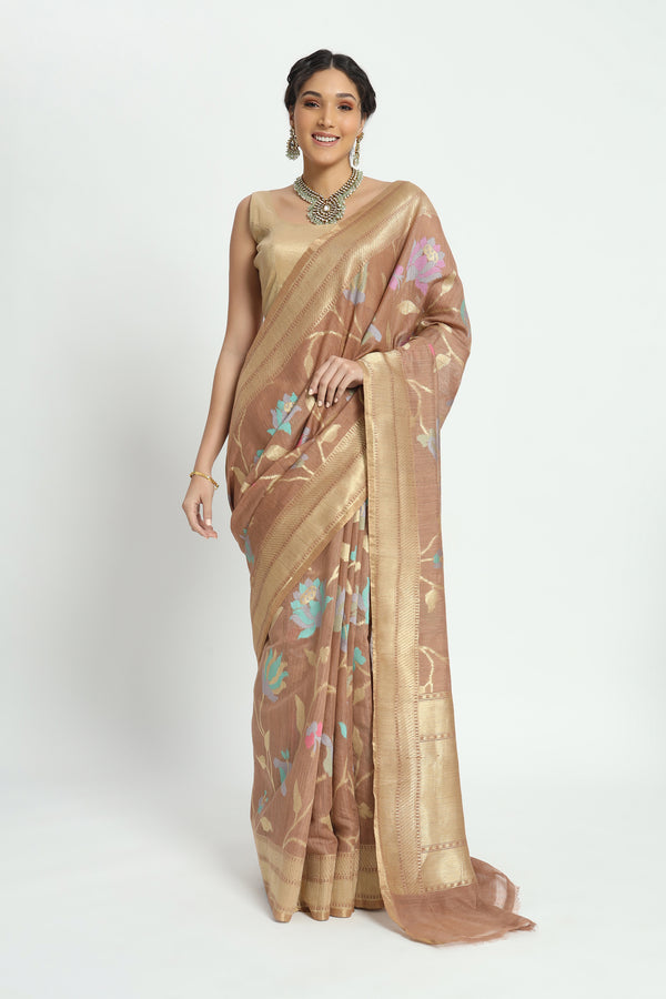 Banarasi Hand woven Pure Silk Saree Hazelnut Beige