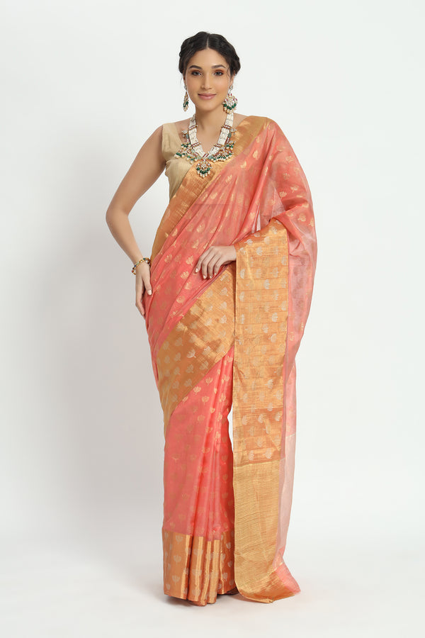 Chanderi Hand woven Eknaliya Pure Soft Silk Saree Rose Gold Orange