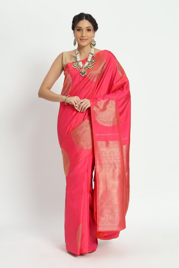 Kanjeewaram Hand woven Pure Silk Turning Border Saree Cerise Pink