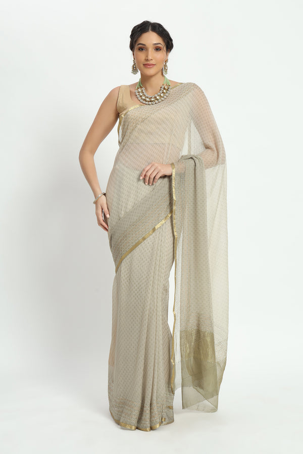 Hand woven Pure Chiffon Swarovski Saree Creme Grey