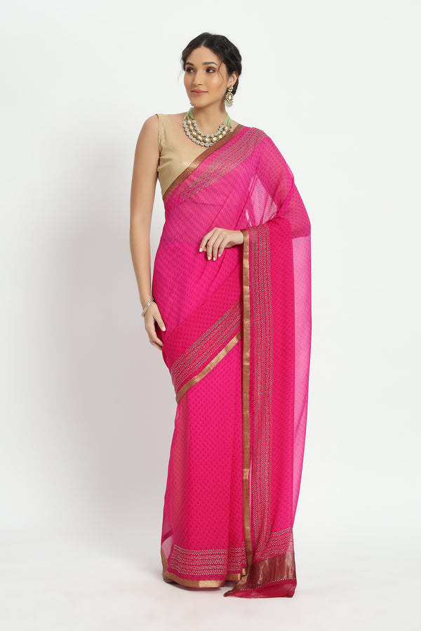 Banarasi Hand woven Pure Chiffon Saree Bright Pink