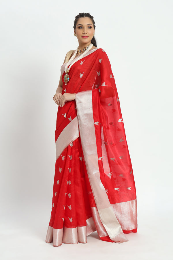 Chanderi Hand woven Eknaliya Pure Soft Silk Saree Scarlet Red