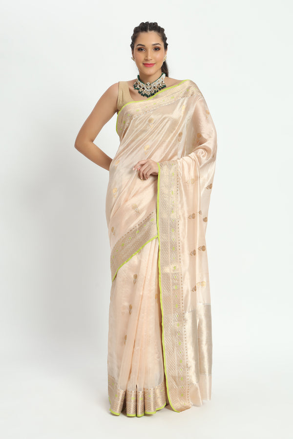 Chanderi Hand woven Eknaliya Pure Soft Silk Saree Buttercream creme