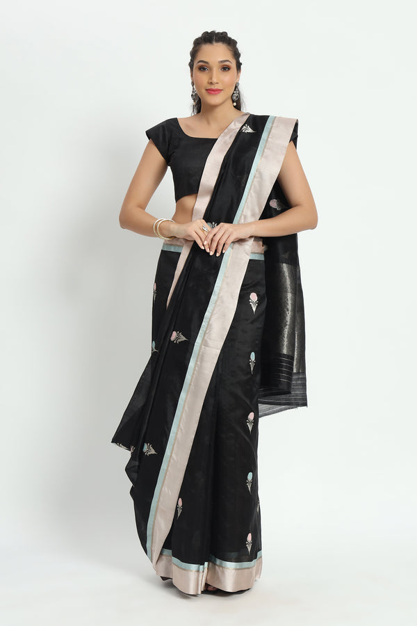 Chanderi Hand woven Eknaliya Pure Soft Silk Saree Sable Black