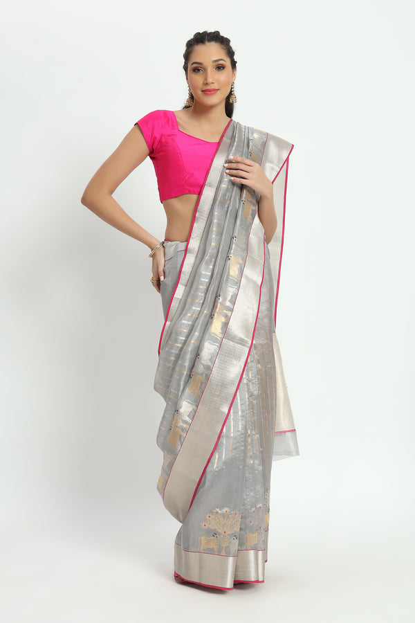 Chanderi Hand woven Eknaliya Pure Soft Silk Saree Gainsboro Grey