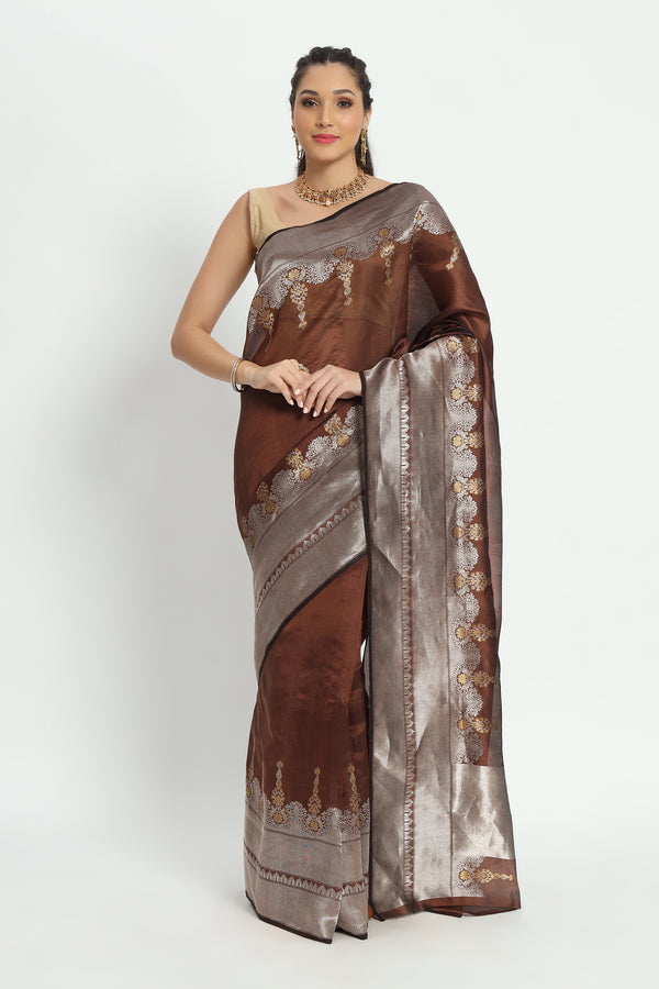 Chanderi Hand woven Eknaliya Pure Soft Silk Saree Burnt Umber Brown