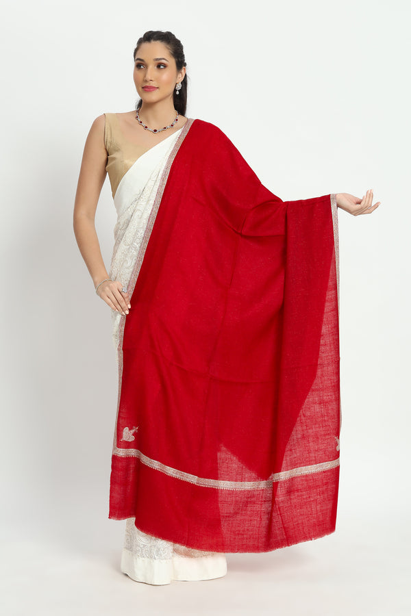 Sozni  Hashiya Hand Embroidered Pashmina Shawl Vermilion Red