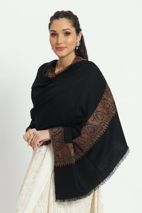 Sozni Dordar Hand Embroidered Pashmina Shawl Black