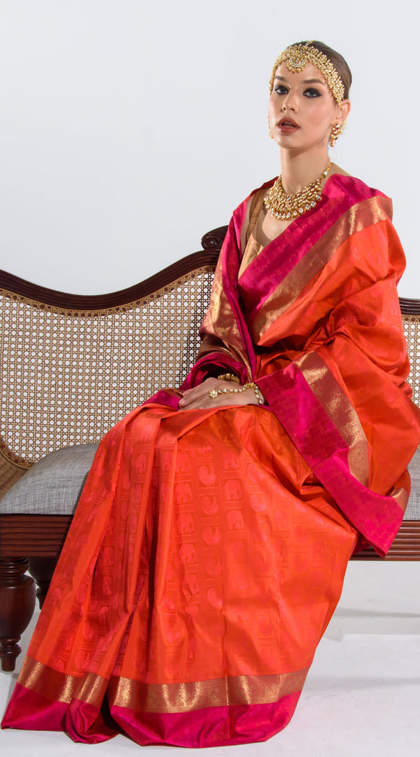 Kanjeewaram Hand woven Pure Silk Brocade Saree Orange Rust