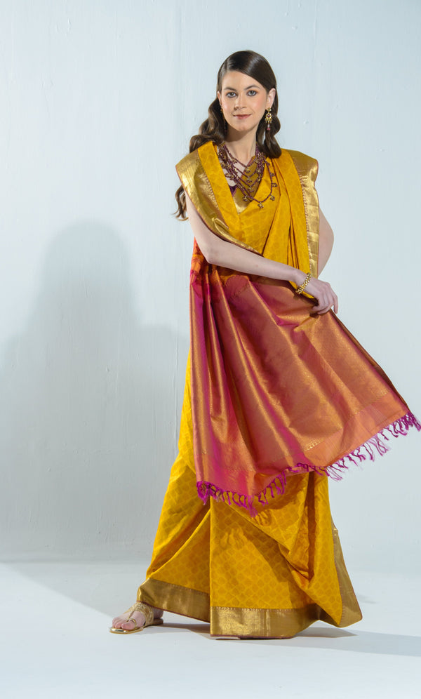 Kanjeewaram Hand woven Pure Silk Saree Amber Yellow