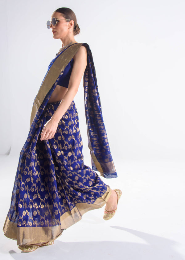 Chanderi Hand woven Eknaliya Pure Silk Jamdani Saree Royal Blue