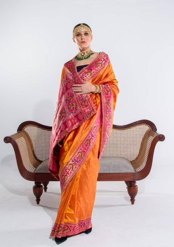 Banarasi Hand woven Pure Silk Paithani Design Saree Tangerine Orange