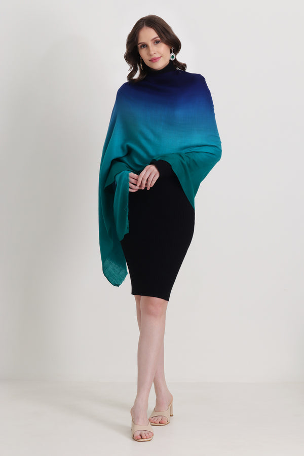 Pure Pashmina Hand Woven Ombre Stole Teal Sapphire Space Blue