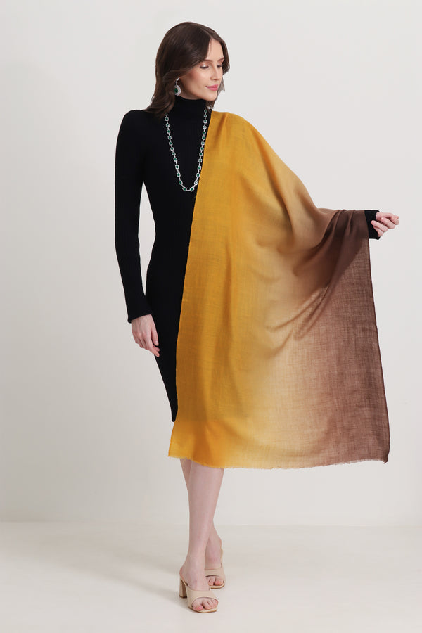 Hand Woven Ombre Pashmina Stole Medallion Yellow and Taupe Brown