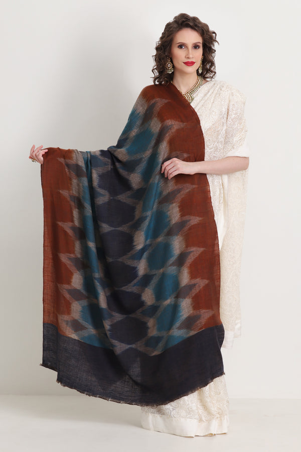 Pashmina Hand woven Ikat Cerulean Blue Midnight Blue Peacan Brown  Shawl