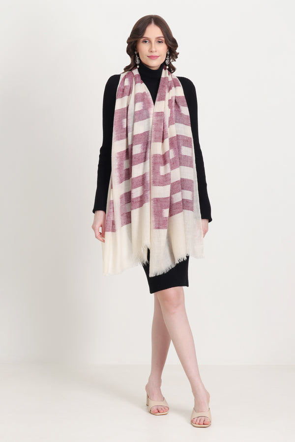 Hand Woven Pashmina  Ikat Sangria Red Ivory Stole