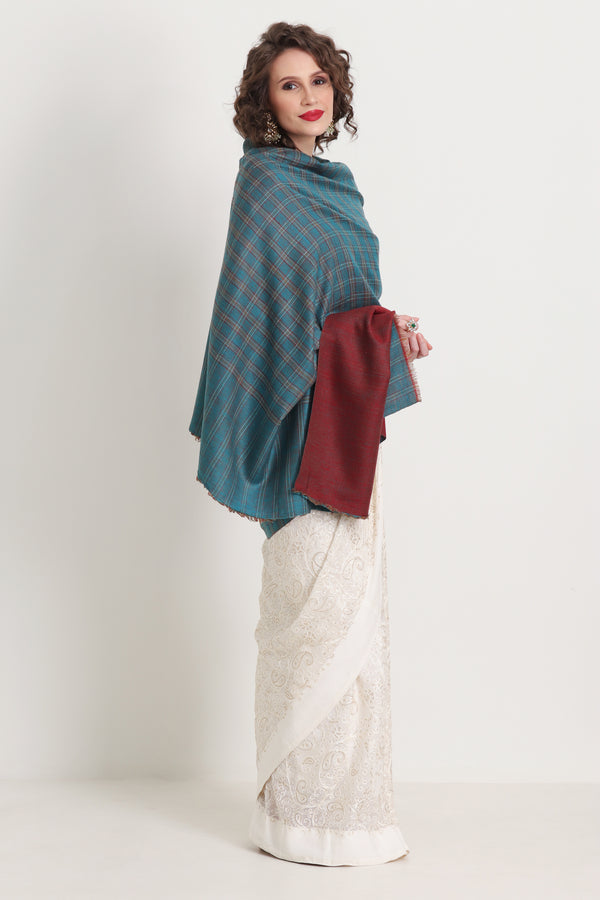 Hand Woven Double Sided Reversible Checkered Pure Pashmina Shawl Munsel Blue Burgundy Red