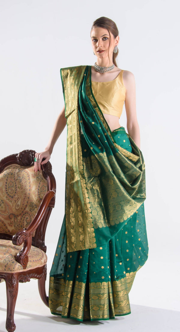 Chanderi Hand woven Eknaliya Pure Soft Silk Saree Emerald Green