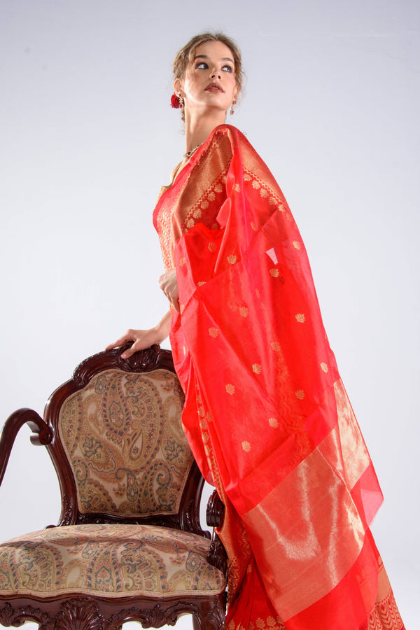 Chanderi Hand woven Eknaliya Pure Silk Saree Brilliant Red