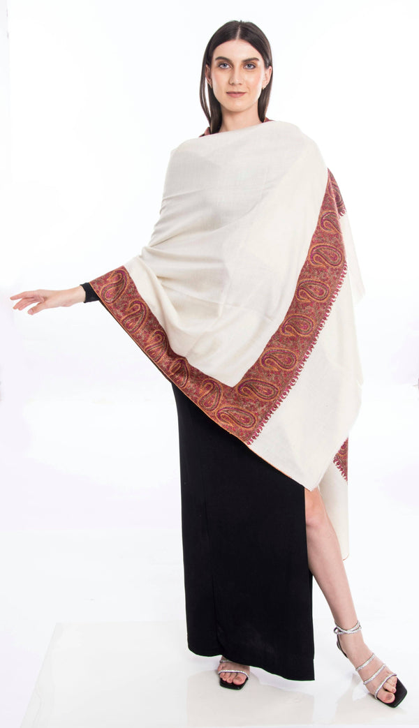 Sozni Dordar Hand Embroidered Pashmina Shawl Ivory