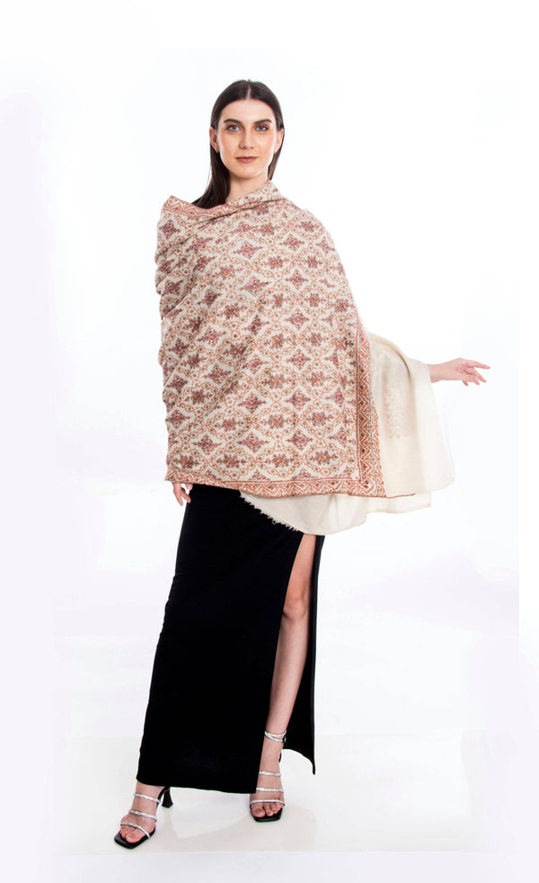 Sozni Jamawar Hand Embroidered Pashmina Shawl Ivory