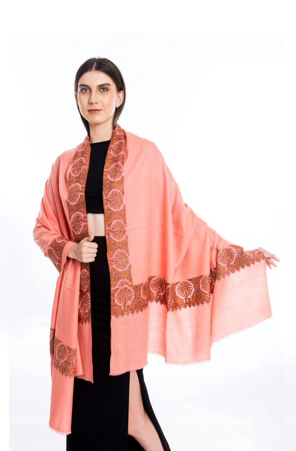 Sozni Dordar Hand Embroidered Pashmina Shawl Pale Orange