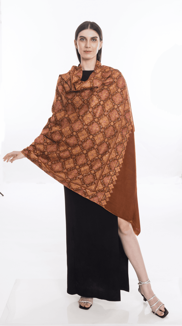 Jamawar Sozni Hand Embroidered Pashmina Shawl Soft Copper Brown