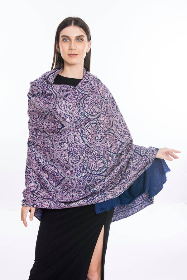 Jamawar Sozni Hand Embroidered Pashmina Shawl Midnight Blue