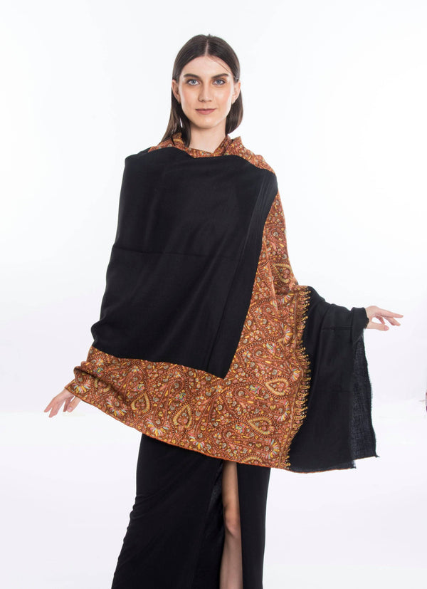 Sozni Kalan Daur Hand Embroidered Pashmina Shawl Black