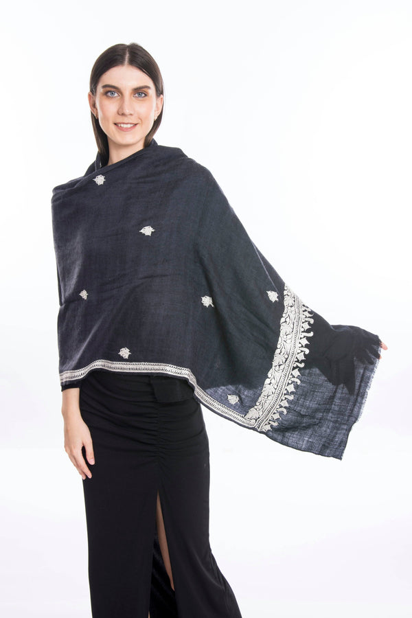 Silver Tilla Dordar Butta Hand Embroidered Pashmina Stole Graphite Grey