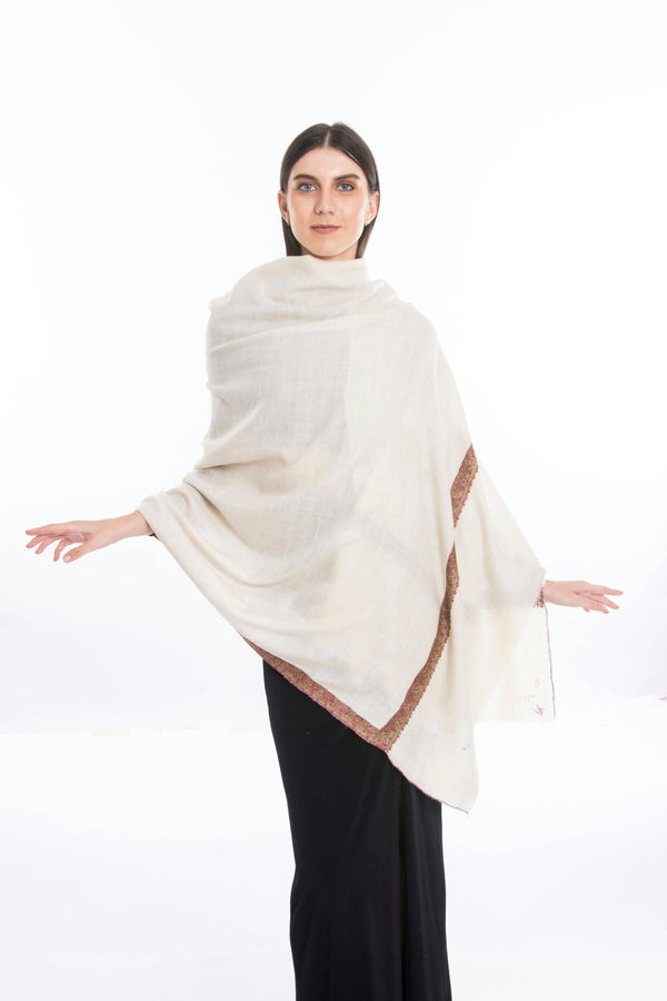 Sozni Hashiya Hand Embroidered Pashmina Shawl Ivory