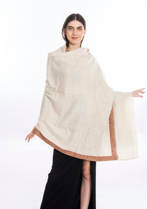 Sozni Dordar Hashiya Hand Embroidered Ladakh Pashmina Shawl Ivory Creme