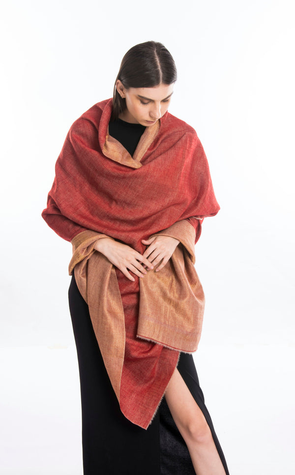 Double Side Gold Tissue Metallic Hand Woven Pashmina Shawl Red