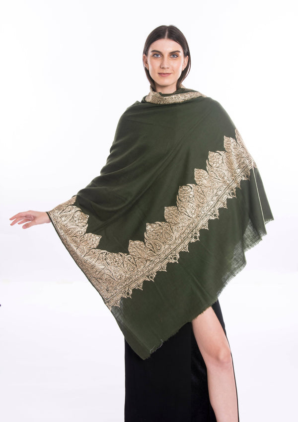 Tilla Dordar Hashiya Hand Woven  Pashmina Juniper Green