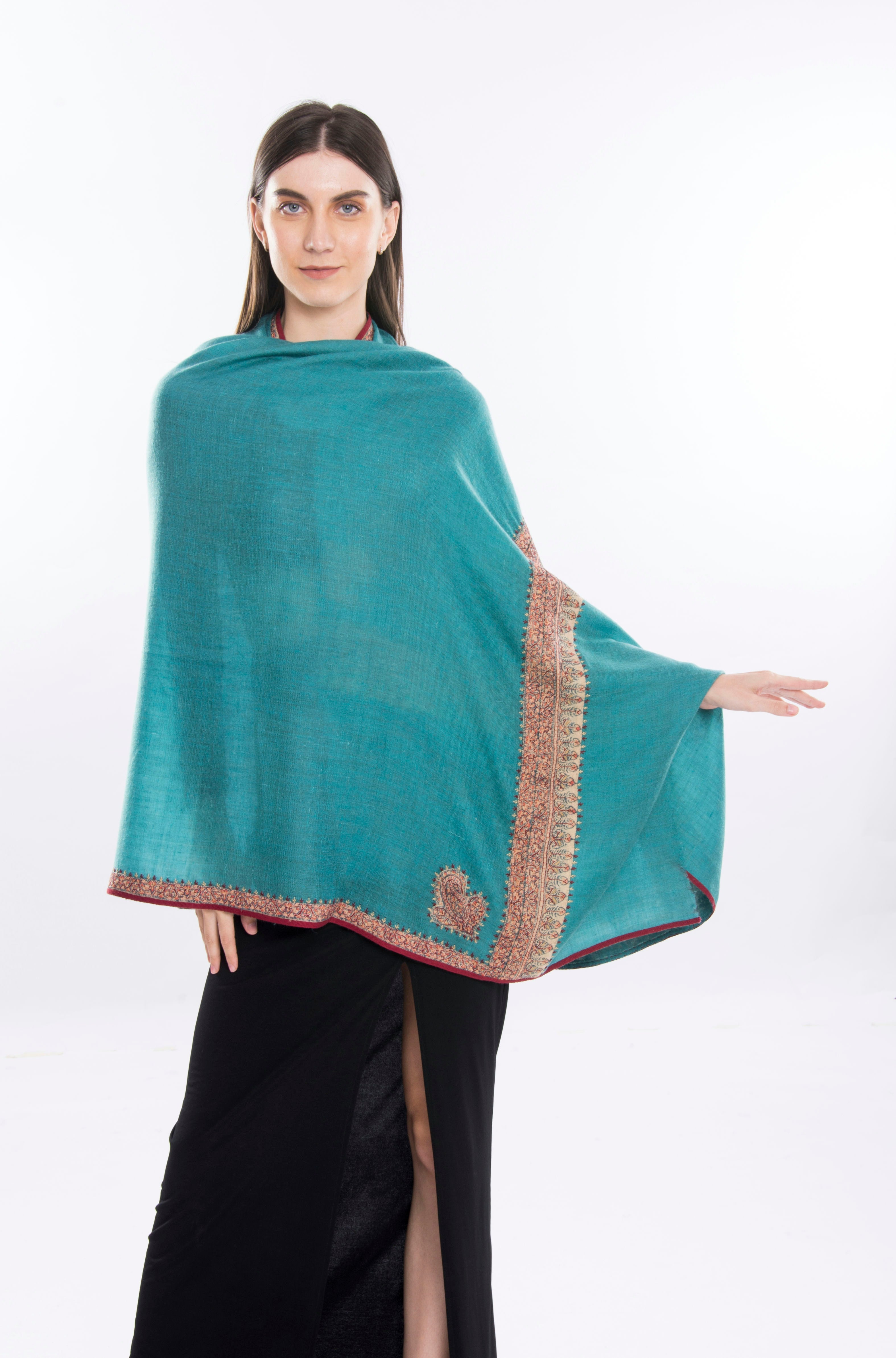 Sozni Hashiya Hand Embroidered Pashmina Shawl Teal Blue