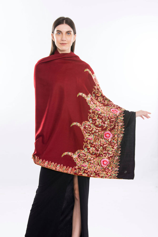 Sozni Palledar Hand Embroidered Pashmina Shawl Garnet Red