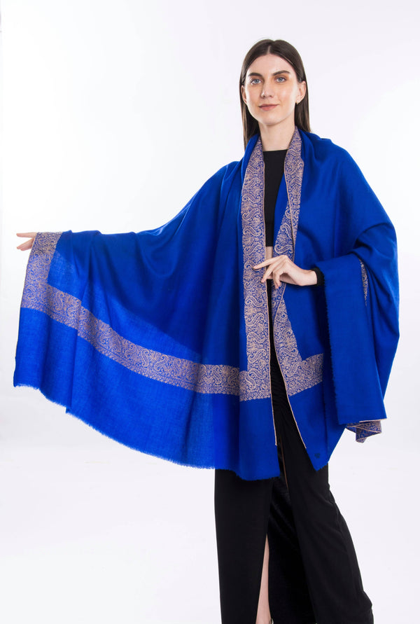 Sozni Dordar Hand Embroidered Pashmina Shawl Tropical Egyptian Blue